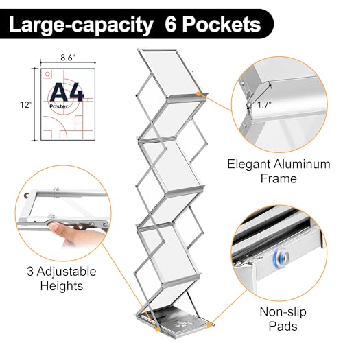 Magazine Rack Floor,Aluminum Magazine Display,Foldable Brochure Display Stand,Portable Magazines Stand Literature Rack with Carrying Bag for Exhibition,Trade Show,Office,Store,6 Pockets