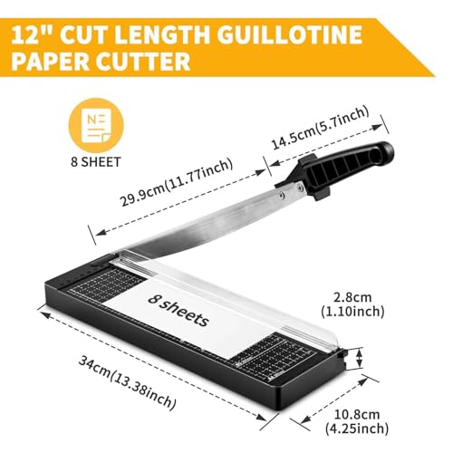 MAKEASY Paper Cutter 12 Inch, 8 Sheet Capacity, Heavy Duty Paper Cutter for Cardstock, Guillotine Paper Trimmer for Crafting, Classroom and Office