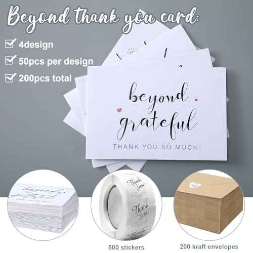 Yeaqee 200 Pack Beyond Grateful Thank You Cards Bulk 4 x 6 Inches Thank You Cards with Envelopes and 500 Pcs Matching Stickers for Baby Shower Wedding Bridal Shower Business Gratitude Gift