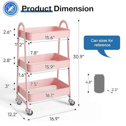 OLIXIS 3 Tier Utility Rolling Cart with Lockable Caster Wheels, Metal Mobile Storage Shelf, Organization for Livingroom, Bathroom, Kitchen, & Narrow Places, Clear Pink