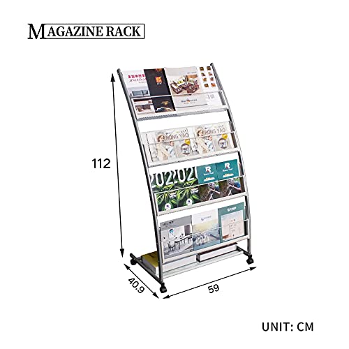 Brochure Display Stand, Floor-Standing Magazine Rack with 4 Pockets, Information Rack With casters Easy to Move for Trade Show Exhibitions Office Retail Store 44.1" H