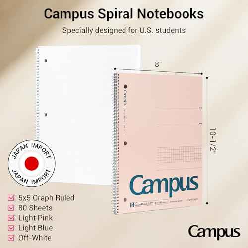 KOKUYO Spiral Notebook with 5x5 Graph Paper, 3 Pack Campus 10-1/2" x 8" Subject Notebooks, 80 Sheets, Light Pink Blue Off-White 3 Holes School Spiral Journal for Study Planner Drawing (WSG-SU-400G4¡¿3)