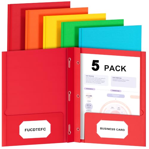5 Pack Colorful Pocket Folders with Prongs - Letter Size, 2 Pockets & Card Holder