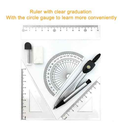 7 PCS Metal Circle Gauge Plus Set of Rulers Geometry Set Math Protractor and Drawing Use
