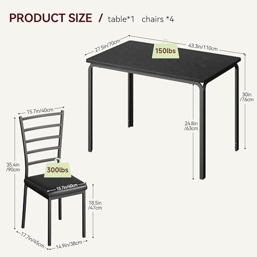 Towallmark 5-Piece Dining Set for 4 with Upholstered Chairs — Space-Saving Kitchen Table and Chairs, Black