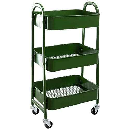 AGTEK Makeup Cart, Movable Rolling Organizer Cart, Bluish Green 3 Tier Metal Utility Cart