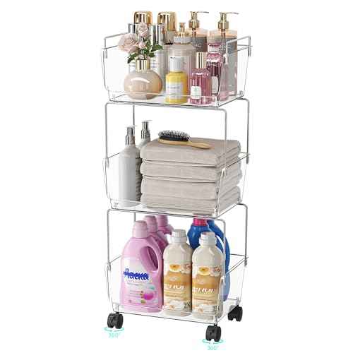 3-Tier Rolling Cart with Wheels, Clear Bathroom Storage Cart with Lockable Wheels, PET Utility Cart for Kitchen, Bedroom, Office,Snack, Makeup - Multifunctional Storage Easy to Assemble