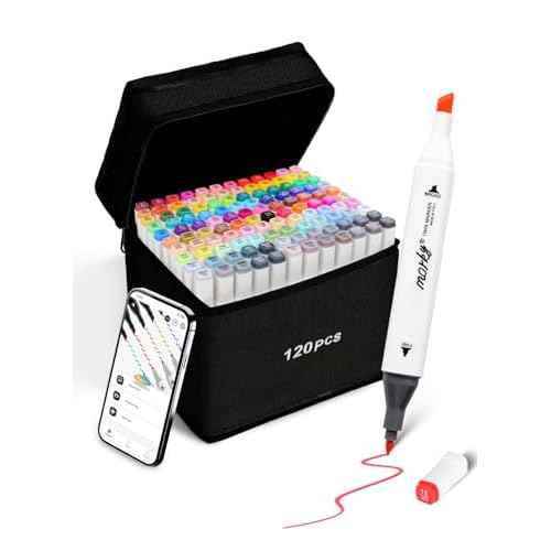 120 Colors Alcohol Markers with Free App, Chisel & Fine Tip Alcohol-Based Marker Set for Adults Kids, Dual Tip Artist Markers for Drawing, Coloring Illustration, Painting and Great Gift Idea