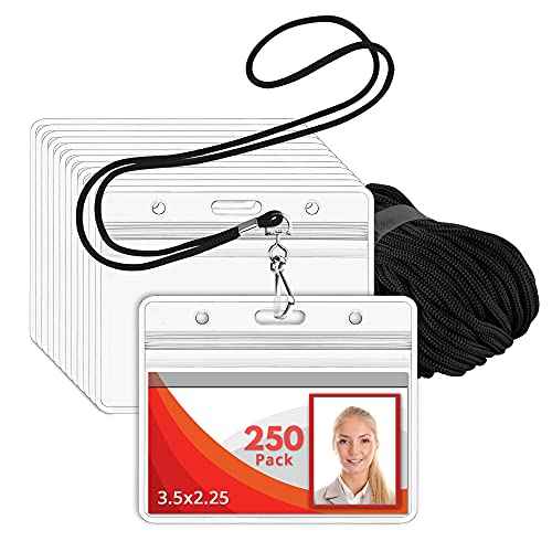 MIFFLIN Lanyard (Black, 3.5x2.25 inch, 250 Pack) with Clear Plastic Horizontal ID Badge Holder, Heavy Duty Name Pouch with Soft, Woven, Neck Lanyards