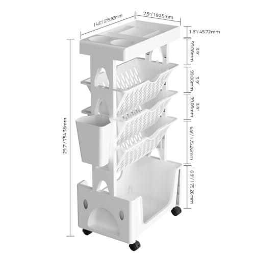 5-Tier Rolling Book Cart with Lockable Casters – Multi-Functional Mobile Bookcase (White)