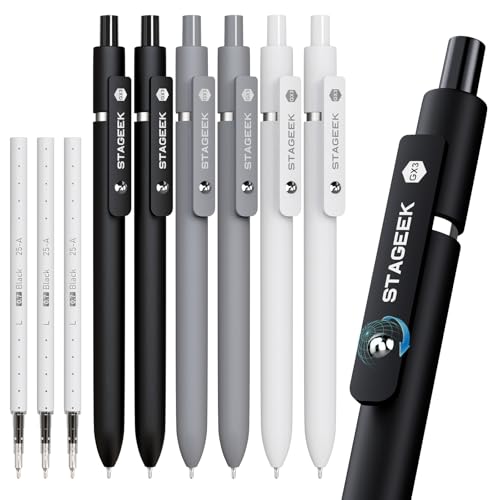 STAGEEK GX3 Black Gel Pens 6 Pack with 3 Refills, Quick Dry, Smooth Writing, Soft Grip, Fine Point, Gray & White Variants