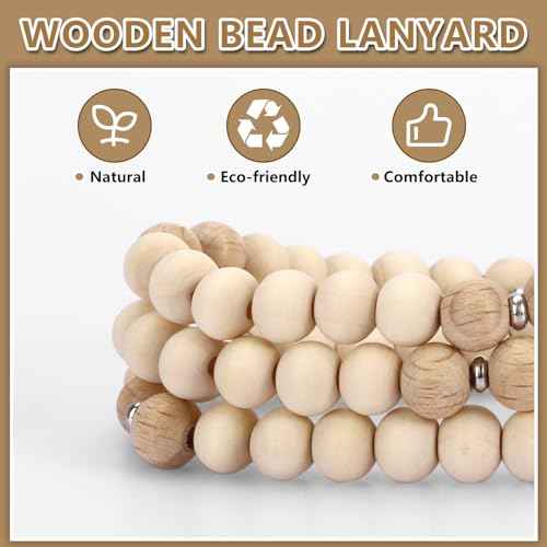 Teacher Lanyard with Id Holder, Retractable Lanyards for Id Badges Keys, Cute Natural Wooden Beaded Lanyard for Women