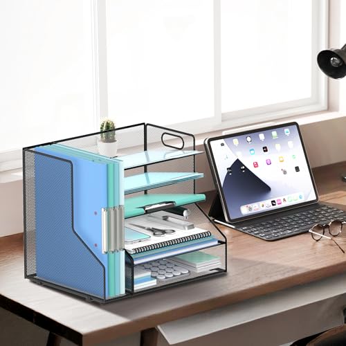 SUPEASY Desk Organizer with File Holder, 5-Tier Mesh Paper Letter Tray with Magazine Holder, Desktop Organizer and Storage for Desk Accessories Office Supplies, Black