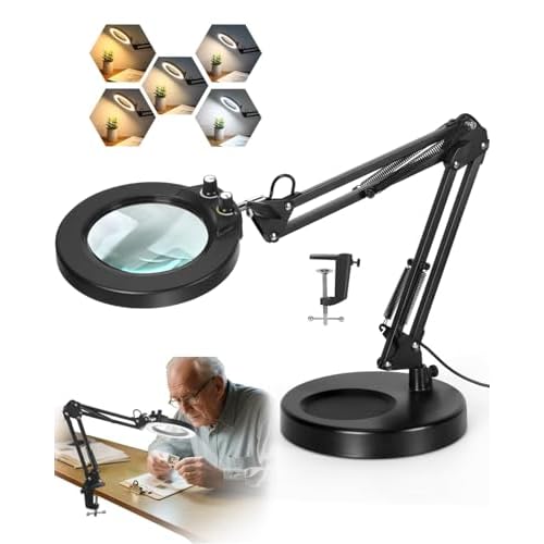 LANCOSC 10X Magnifying Glass with Light and Stand, Switch Knob for Multi-Color Modes Stepless Dimmable, LED Lighted Desk Lamp & Clamp, Hands Free Magnifier for Repair Crafts Hobby Painting Close Work