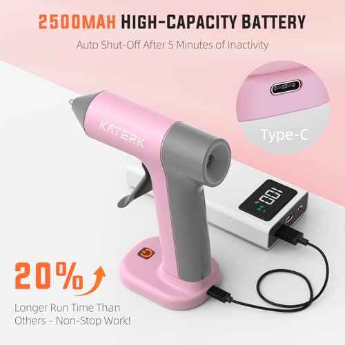 Katerk Cordless Hot Glue Gun Kit, 30s Fast Heating, Mini Glue Gun with 20 Glue Sticks, Compact & Portable with 2500mAh Built-in Battery, Auto Shut-Off, Ideal for DIY, School Crafts & Repairs (Pink)