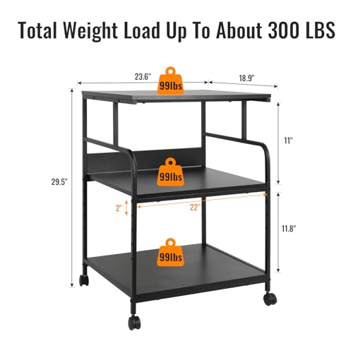 FAHKNS Printer Stand, 3 Tier Large Printer Stand with Wheels, 23.6 x 18.9 x 29.5 Inch Office Table with Height Adjustable Storage Shelf for Office Home, Rolling Cart for Printers Table, Black