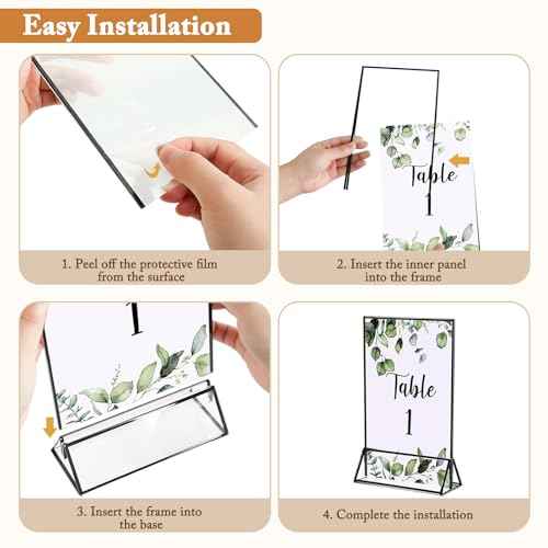 Floroom 12 Pack 5x7 Inch Clear Acrylic Sign Holders, Double-Sided Black Display Stand Picture Frames for Table Numbers, Menus, Flyers, Weddings, and Offices