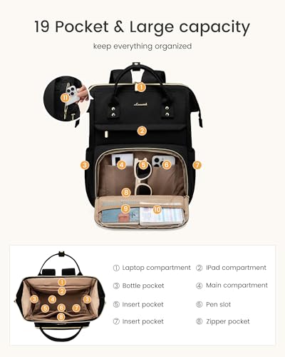 LOVEVOOK Women's Laptop Backpack with 15.6-Inch Cup Holder, Waterproof Travel Bag, Black