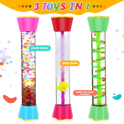 Cucue Motion Bubbler Tube - Sensory Fidget Toy with Glitter Bottle, Spiral & Bubble Drop Designs