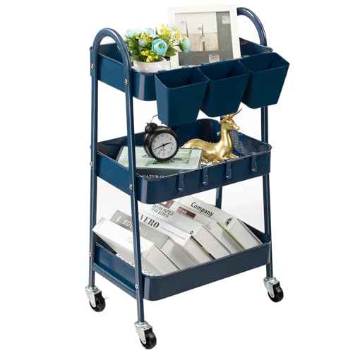 danpinera 3-Tier Rolling Cart, Utility Cart Mobile Metal Rolling Storage Cart with Lockable Wheels & Hanging Cups & Hooks for Kitchen, Bathroom, Office, Workshop, Dark Blue