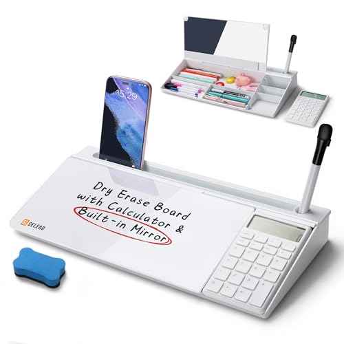 SELEAD Desktop Glass Whiteboard with Calculator & Built-in Mirror, Dry Erase White Board Computer Pad Keyboard Stand with Organizer Drawer, Desk Accessories for Home, School, Office
