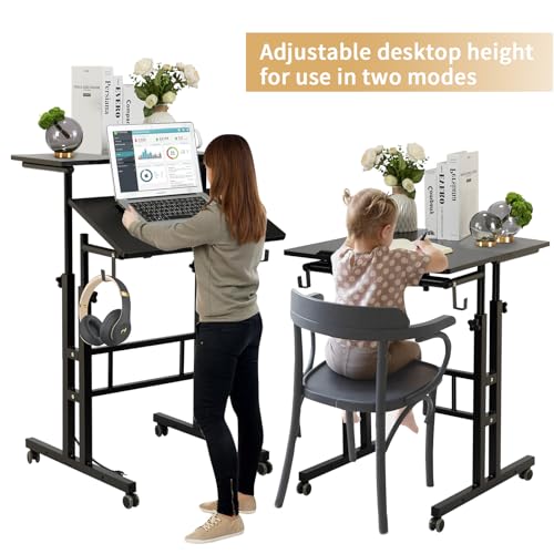 SIDUCAL 23.62" Black Mobile Standing Desk Converter with Wheels, Adjustable Sit-Stand Workstation