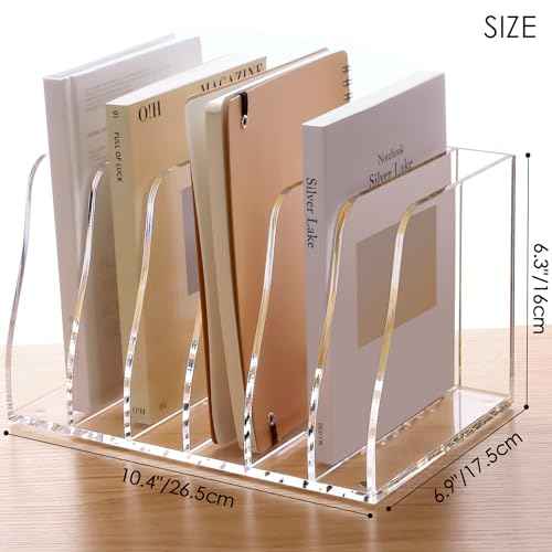 SANRUI Acrylic File Organizer, Compact Desk Organizer for Folders, Binders, Notebooks, Envelopes, Vertical Binder Storage Organizer, 6 Section Bookshelf for School Home Office Organization