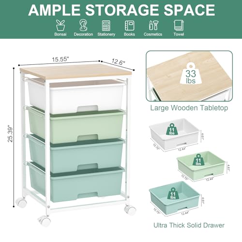 Utility Cart with 4 Drawers,Rolling Storage Cart with Drawers,Storage Rolling Drawer Cart with Wooden Tabletop for Bedroom,Kid's Room,Dorm,Classroom,Office,Green