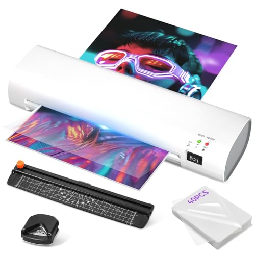 9 Inch Portable Laminator Machine with Anti-Jam Tech, All-in-One A4 Thermal Laminator w/Trimmer & Corner Rounder for Home, Office, School, Business, 40 Sheets Included£¨White£©