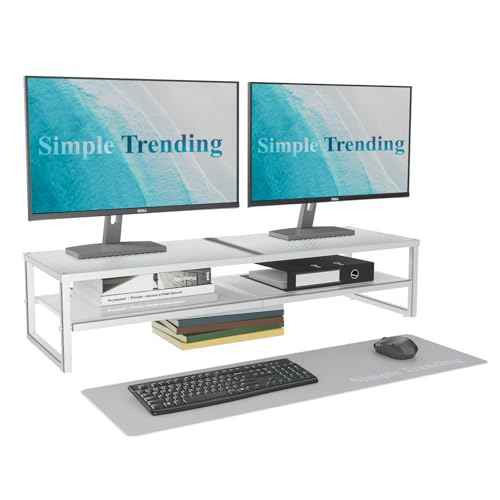 Simple Trending 2 Tier Metal Dual Monitor Stand Riser, Computer Office Desktop Organizer for 2 Monitors with 32"x10" Mouse Pad for Laptop, Printer, TV, White
