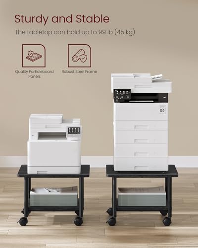 VASAGLE Ebony Black 2-Tier Mobile Printer Stand with Locking Wheels, Under Desk Office Table