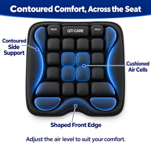 Qticare Air-Cell Travel Cushion XL Black – Inflatable Airplane Seat Pad with Built-in Pump