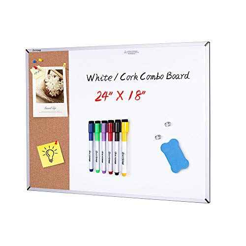White Board & Cork Bulletin Board, 24" X 18", Combination Dry Erase Board & Cork Board, Vision Board for Home, Office, School - Includes 6 Magnetic Markers, 1 Eraser, 2 Strong Magnets and 10 Pins.¡¦
