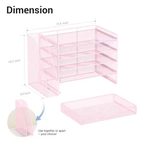 Desk Organizers and Accessories with File Holder, 5-Tier Office Desk Accessories & Workspace Desktop Organizer with Drawer and 2 Pen Holder, File Paper Organizer for Office Supplies(Pink)