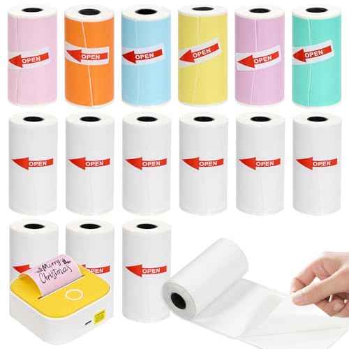 15 Rolls Mini Printer Sticker Thermal Paper,Self-Adhesive Multicolor Paper 53 * 28mm Printer Paper Compatible with T02/M02 Mini Thermal Printer Study Notes, Journal Photos