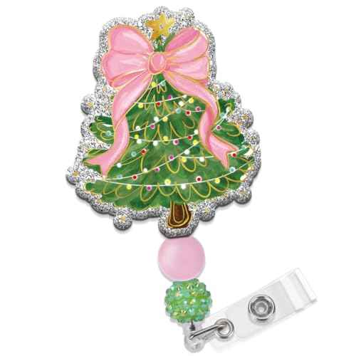Christmas Tree Badge Reel with Retractable Clip, Cute Pink Bow Holiday Nurse ID Card Badge Holder, Glitter Name Tag Badge Reels for Women Nursing Accessories Student Teacher Gifts