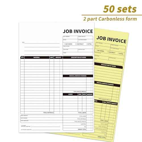 4 Pack Carbonless Job Invoice Forms,7.5 x 11 inches Receipt Book for Small Business,Sales Order Book with Backing Board, 2-Part with Carbon Copy, 50 Sets per Book