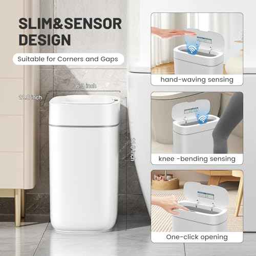 3.5 Gal Motion Sensor Bathroom Trash Can with Lid, Automatic Trash Can Small Smart Garbage Can Touchless, Waterproof Slim Trash Bins for Bedroom Office Kitchen