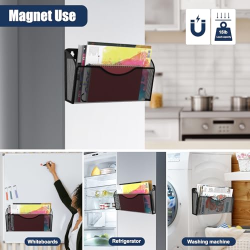 Black Magnetic File Holder 1 Pocket Organizer for Office & Kitchen - No Drilling