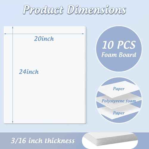 Golden State Art, 10 Pack White Foam Board 20x24 inch, 3/16'' Thick, Acid Free Foma Core Poster Board for Mounting, Crafts, Art, Presentation