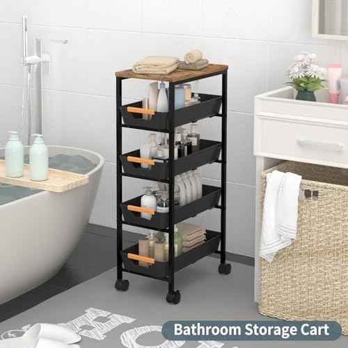 5 Tier Slim Rolling Utility Cart with Drawers Pull-Out Design Slim Storage Cart with Metal Frame and Wooden Top for Narrow Space in Home Kitchen Bathroom Black (Width 9.5 Inches)
