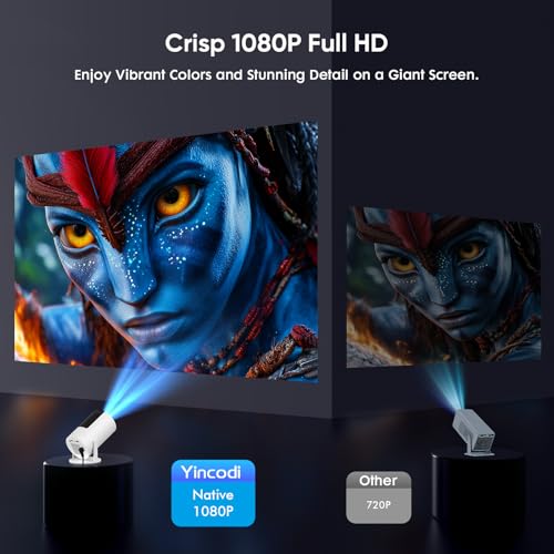 YINCODI White Mini 1080P WiFi Bluetooth Projector with Android TV, 180° Rotation