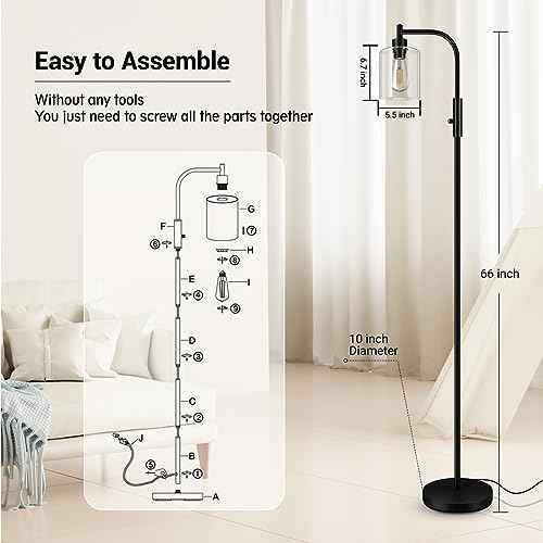 BoostArea Dimmable Floor Lamp, Standing Lamp with Glass Lampshade, 6W LED Bulb Included, Modern Standing Lamp, Bright LED Lamp for Living Room and Bedroom, Office