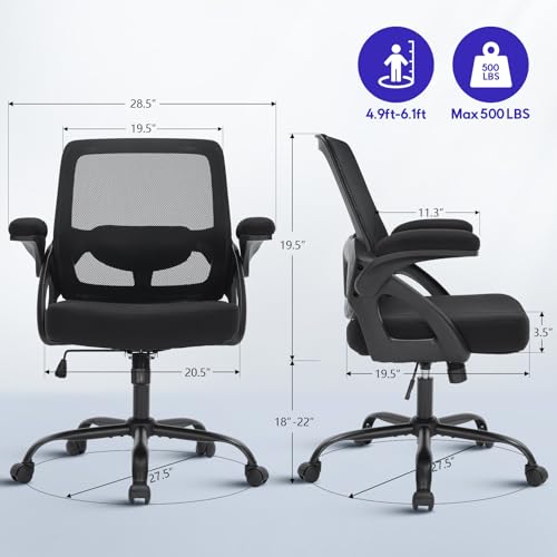 Heavy-Duty 500lb Big & Tall Mesh Office Chair with Flip-Up Armrests - Black