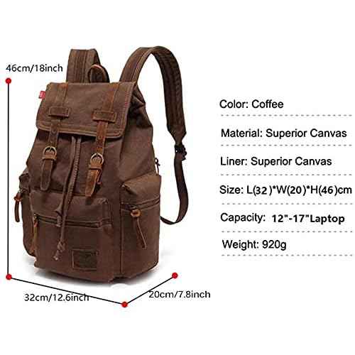 koolehaoda Vintage Canvas Backpack Rucksack Unisex Casual Backpack for 12-17" Laptop Backpack Travel Camping Hiking Bag (L-Coffee)