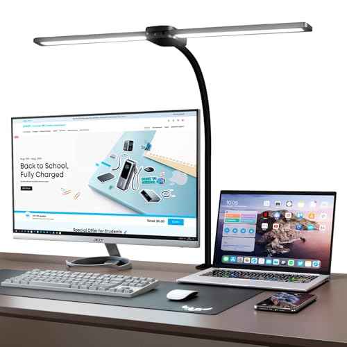 LED Desk Lamp with Two Heads, Clamp On Desk Lamps, 12W, 2000 LMS, CRI>90, 5 Color Modes (2700K-6500K), Various Brightness Levels, Adapter Included