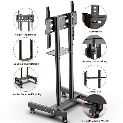 Mobile TV Stand with Wheels for 26-60 Inch Flat Curved TVs & Monitors, Rolling TV Cart Max VESA 400x400mm up to 90 lbs, Height Adjustable with Media Shelf, 32 40 42 43 50 55 inch TV Floor Mount