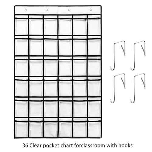 36 Clear Pockets Classroom Pocket Chart for Cell Phones, Pocket Chart for Calculator Phone Holder with 36 Number Stickers and Hooks (White)