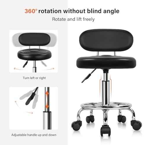 KKTONER PU Leather Modern Rolling Stool with Low Back Height Adjustable Work Salon Drafting Swivel Task Chair with Footrest (Black)