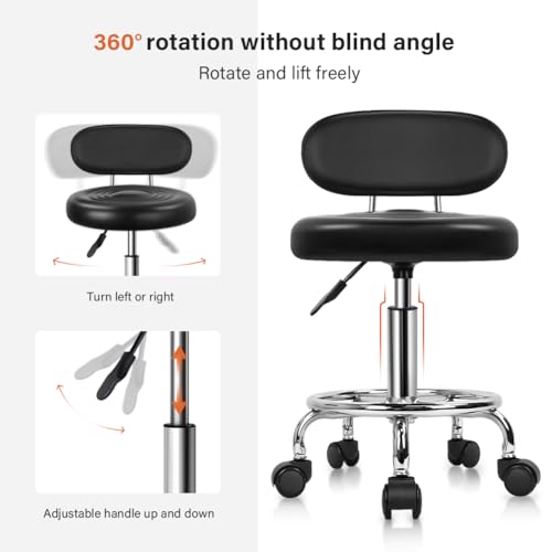 KKTONER PU Leather Modern Rolling Stool with Low Back, Height Adjustable, 360° Swivel, Footrest – Black